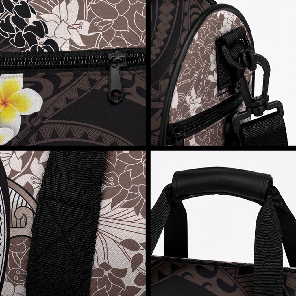 Brown and Black Hawaii Shark Tattoo Duffle Bag Puakenikeni Lei Plumeria Polynesian Pattern
