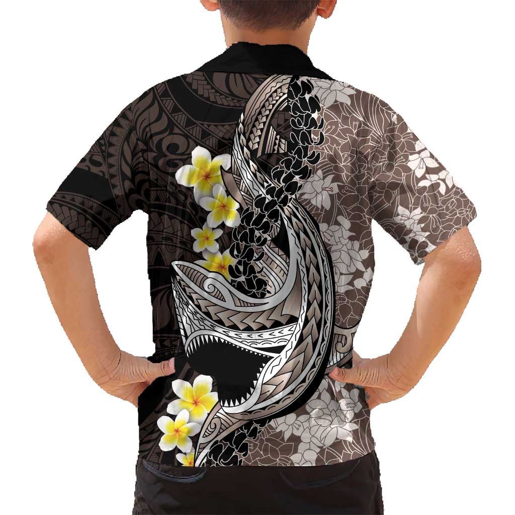 Brown and Black Hawaii Shark Tattoo Family Matching Long Sleeve Bodycon Dress and Hawaiian Shirt Puakenikeni Lei Plumeria Polynesian Pattern LT14 - Polynesian Pride
