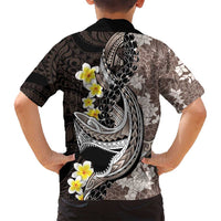 Brown and Black Hawaii Shark Tattoo Family Matching Long Sleeve Bodycon Dress and Hawaiian Shirt Puakenikeni Lei Plumeria Polynesian Pattern LT14 - Polynesian Pride