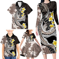 Brown and Black Hawaii Shark Tattoo Family Matching Long Sleeve Bodycon Dress and Hawaiian Shirt Puakenikeni Lei Plumeria Polynesian Pattern LT14 - Polynesian Pride