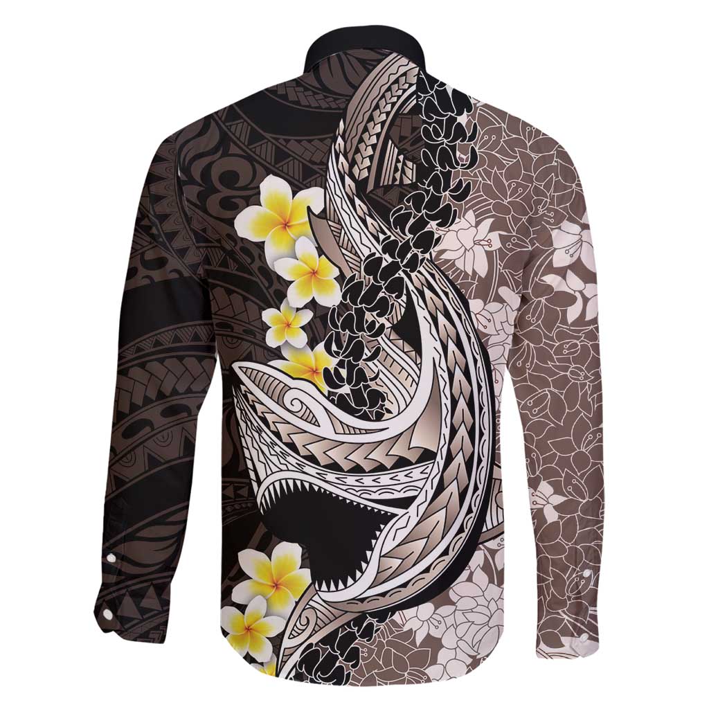 Brown and Black Hawaii Shark Tattoo Family Matching Long Sleeve Bodycon Dress and Hawaiian Shirt Puakenikeni Lei Plumeria Polynesian Pattern LT14 - Polynesian Pride