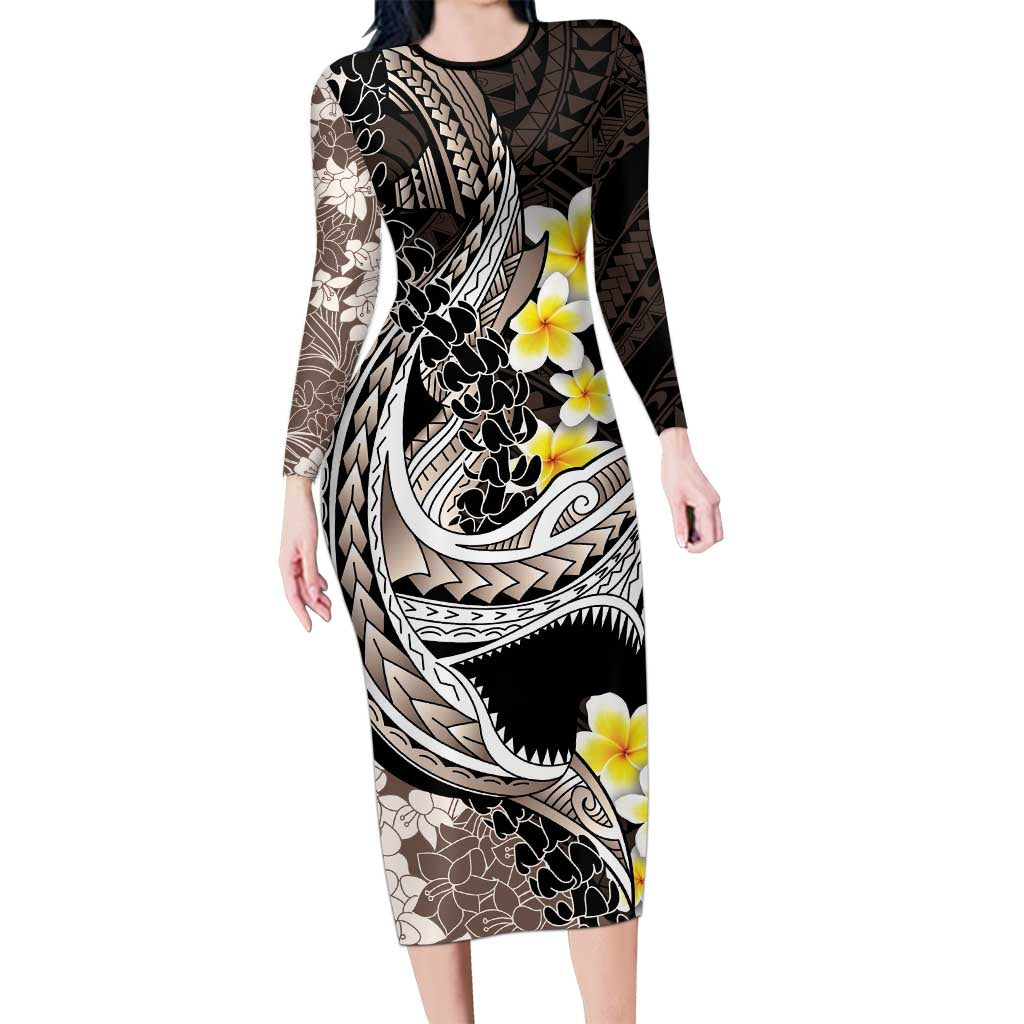 Brown and Black Hawaii Shark Tattoo Family Matching Long Sleeve Bodycon Dress and Hawaiian Shirt Puakenikeni Lei Plumeria Polynesian Pattern LT14 Mom's Dress Black - Polynesian Pride