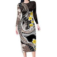 Brown and Black Hawaii Shark Tattoo Family Matching Long Sleeve Bodycon Dress and Hawaiian Shirt Puakenikeni Lei Plumeria Polynesian Pattern LT14 Mom's Dress Black - Polynesian Pride