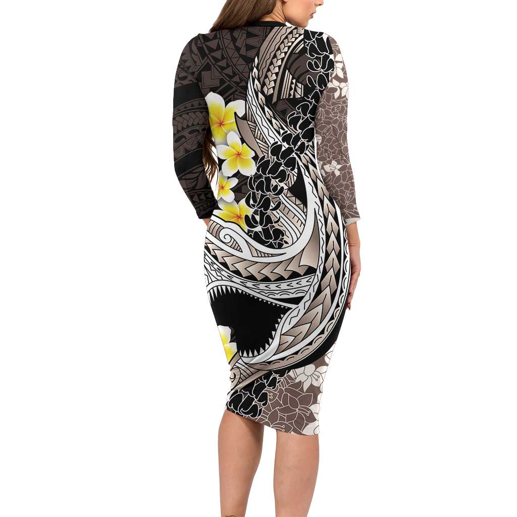 Brown and Black Hawaii Shark Tattoo Family Matching Long Sleeve Bodycon Dress and Hawaiian Shirt Puakenikeni Lei Plumeria Polynesian Pattern LT14 - Polynesian Pride