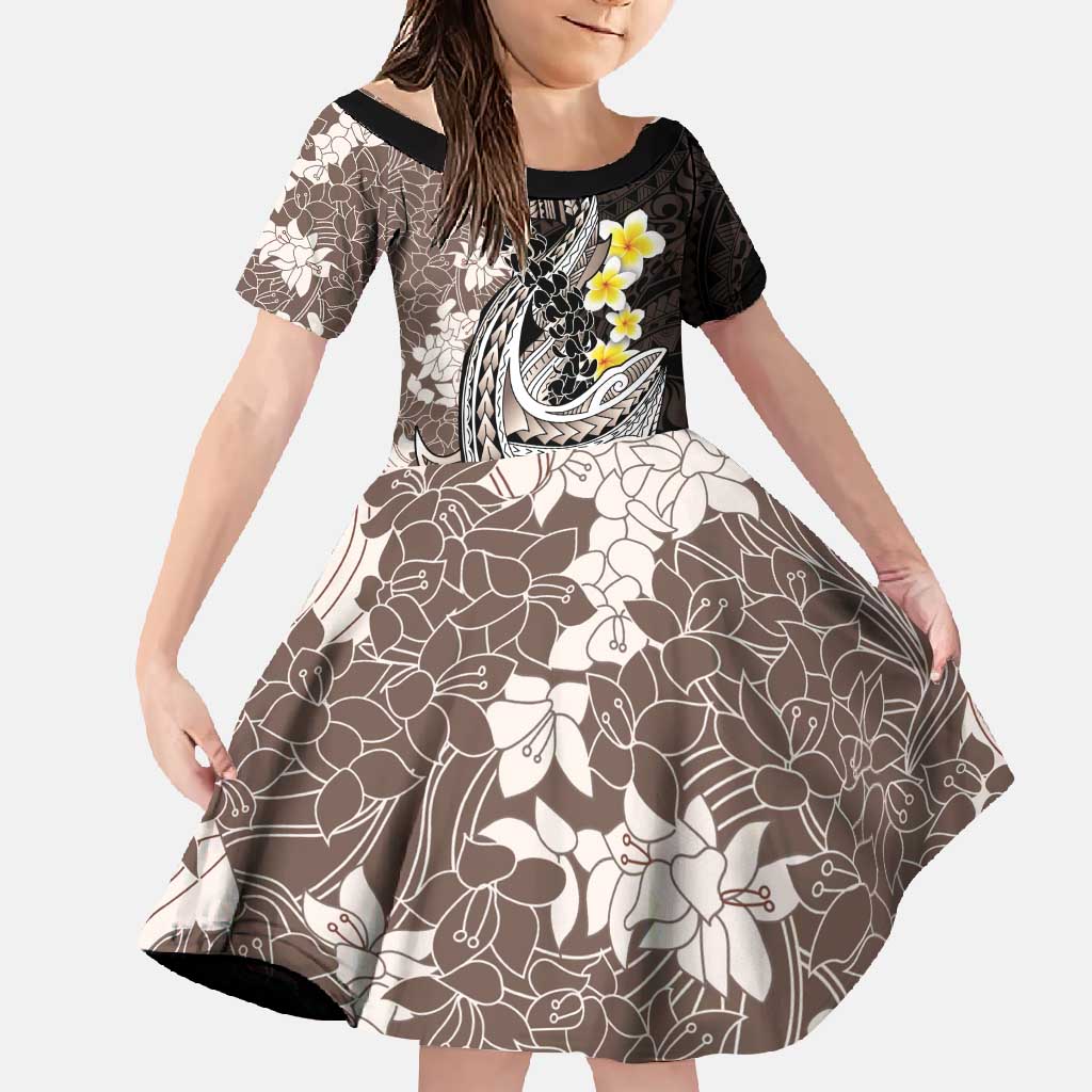 Brown and Black Hawaii Shark Tattoo Family Matching Mermaid Dress and Hawaiian Shirt Puakenikeni Lei Plumeria Polynesian Pattern LT14 Daughter's Dress Black - Polynesian Pride