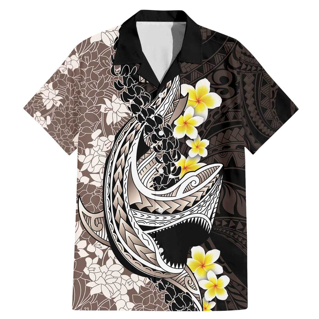 Brown and Black Hawaii Shark Tattoo Family Matching Mermaid Dress and Hawaiian Shirt Puakenikeni Lei Plumeria Polynesian Pattern LT14 Dad's Shirt - Short Sleeve Black - Polynesian Pride