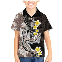 Brown and Black Hawaii Shark Tattoo Family Matching Mermaid Dress and Hawaiian Shirt Puakenikeni Lei Plumeria Polynesian Pattern LT14 Son's Shirt Black - Polynesian Pride