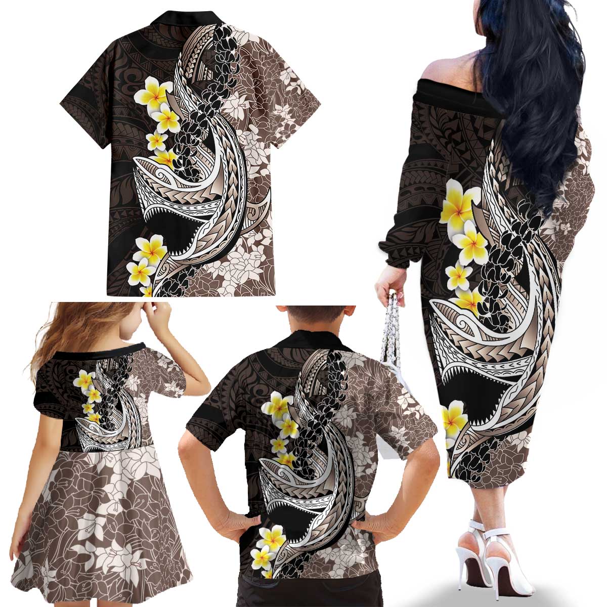 Brown and Black Hawaii Shark Tattoo Family Matching Off The Shoulder Long Sleeve Dress and Hawaiian Shirt Puakenikeni Lei Plumeria Polynesian Pattern - Polynesian Pride