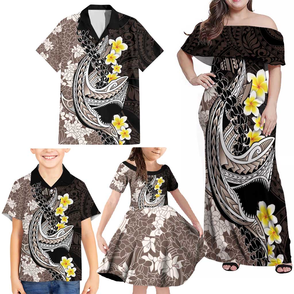 Brown and Black Hawaii Shark Tattoo Family Matching Off Shoulder Maxi Dress and Hawaiian Shirt Puakenikeni Lei Plumeria Polynesian Pattern - Polynesian Pride