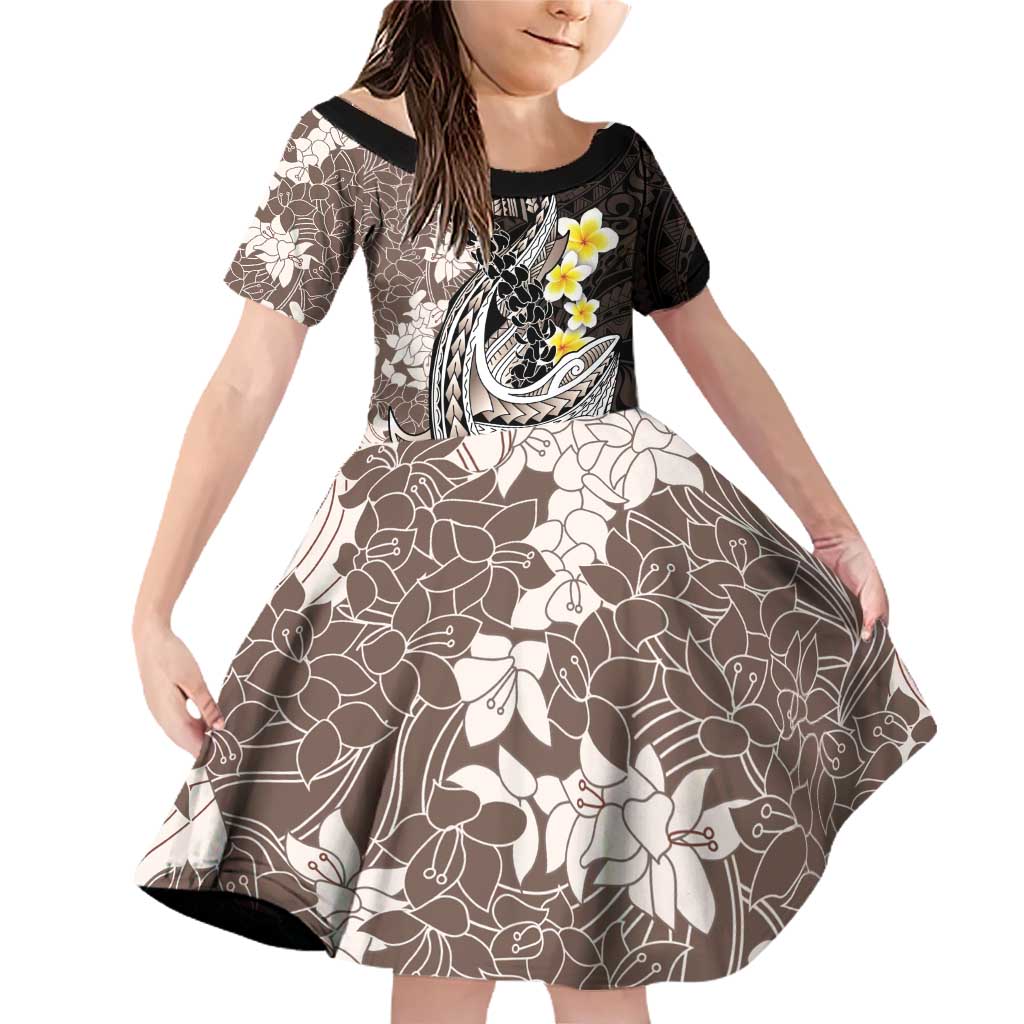 Brown and Black Hawaii Shark Tattoo Family Matching Off Shoulder Short Dress and Hawaiian Shirt Puakenikeni Lei Plumeria Polynesian Pattern - Polynesian Pride