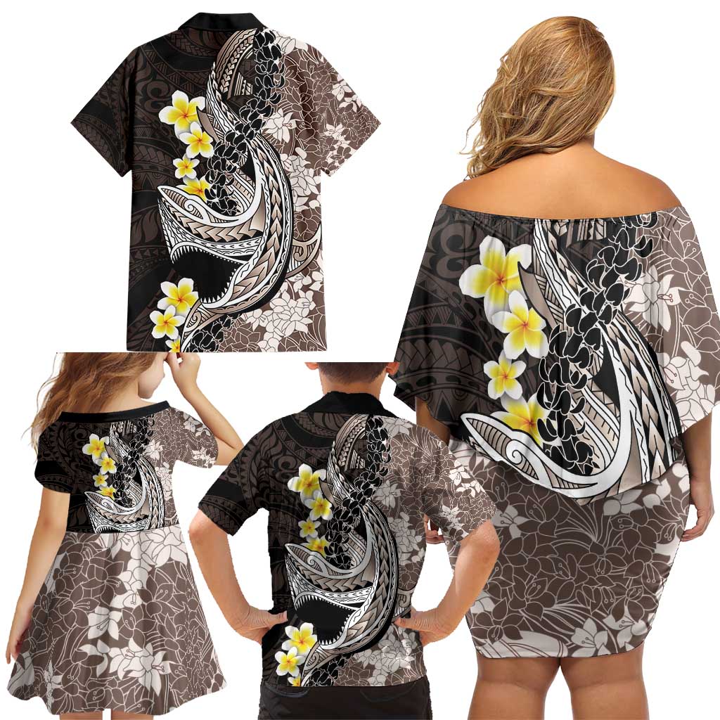 Brown and Black Hawaii Shark Tattoo Family Matching Off Shoulder Short Dress and Hawaiian Shirt Puakenikeni Lei Plumeria Polynesian Pattern - Polynesian Pride
