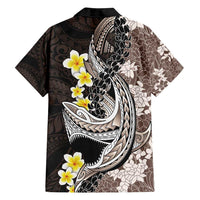 Brown and Black Hawaii Shark Tattoo Family Matching Off Shoulder Short Dress and Hawaiian Shirt Puakenikeni Lei Plumeria Polynesian Pattern - Polynesian Pride