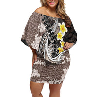 Brown and Black Hawaii Shark Tattoo Family Matching Off Shoulder Short Dress and Hawaiian Shirt Puakenikeni Lei Plumeria Polynesian Pattern - Polynesian Pride