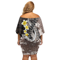 Brown and Black Hawaii Shark Tattoo Family Matching Off Shoulder Short Dress and Hawaiian Shirt Puakenikeni Lei Plumeria Polynesian Pattern - Polynesian Pride