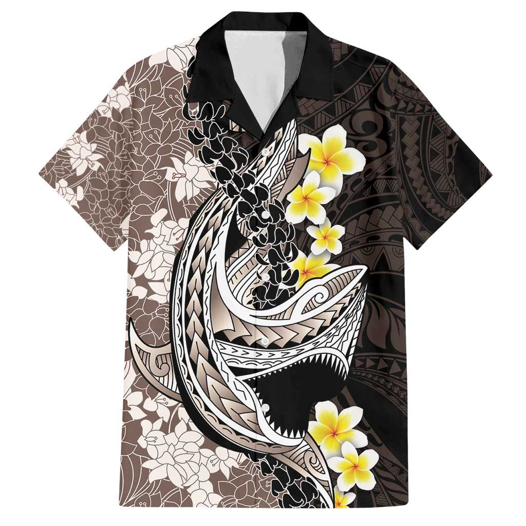 Brown and Black Hawaii Shark Tattoo Family Matching Puletasi and Hawaiian Shirt Puakenikeni Lei Plumeria Polynesian Pattern - Polynesian Pride