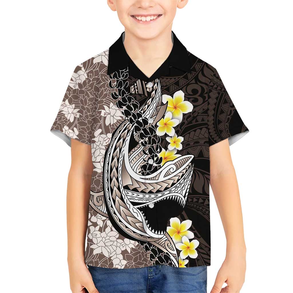 Brown and Black Hawaii Shark Tattoo Family Matching Puletasi and Hawaiian Shirt Puakenikeni Lei Plumeria Polynesian Pattern - Polynesian Pride