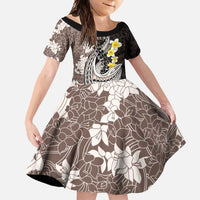 Brown and Black Hawaii Shark Tattoo Family Matching Short Sleeve Bodycon Dress and Hawaiian Shirt Puakenikeni Lei Plumeria Polynesian Pattern LT14 Daughter's Dress Black - Polynesian Pride