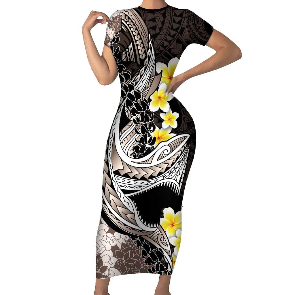 Brown and Black Hawaii Shark Tattoo Family Matching Short Sleeve Bodycon Dress and Hawaiian Shirt Puakenikeni Lei Plumeria Polynesian Pattern LT14 Mom's Dress Black - Polynesian Pride