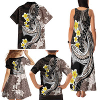 Brown and Black Hawaii Shark Tattoo Family Matching Tank Maxi Dress and Hawaiian Shirt Puakenikeni Lei Plumeria Polynesian Pattern - Polynesian Pride