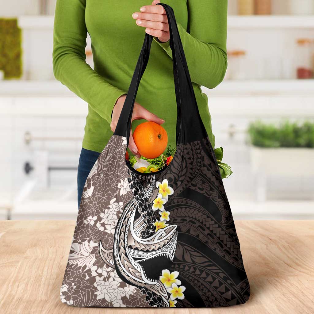Brown and Black Hawaii Shark Tattoo Grocery Bag Puakenikeni Lei Plumeria Polynesian Pattern - Polynesian Pride
