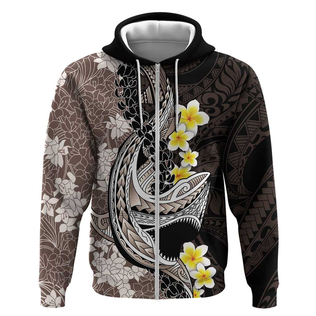 Brown and Black Hawaii Shark Tattoo Hoodie Puakenikeni Lei Plumeria Polynesian Pattern - Polynesian Pride