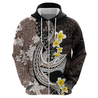 Brown and Black Hawaii Shark Tattoo Hoodie Puakenikeni Lei Plumeria Polynesian Pattern - Polynesian Pride
