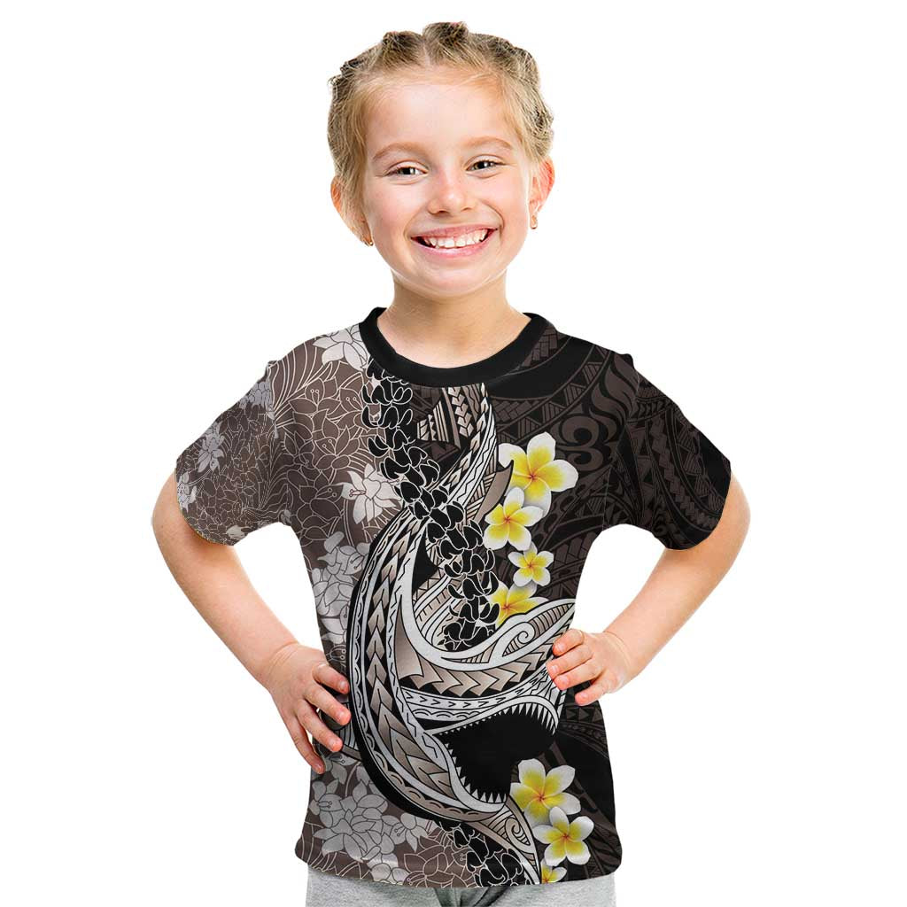 Brown and Black Hawaii Shark Tattoo Kid T Shirt Puakenikeni Lei Plumeria Polynesian Pattern - Polynesian Pride