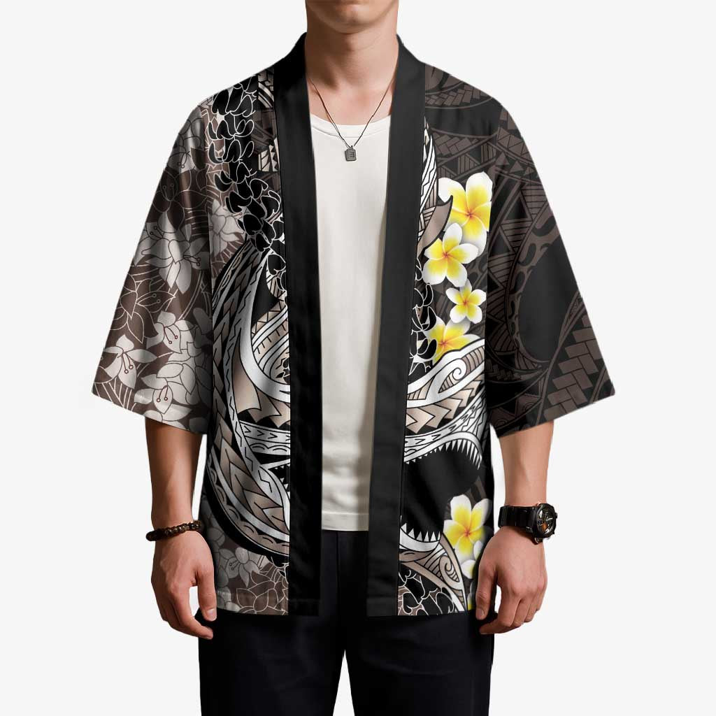 Brown and Black Hawaii Shark Tattoo Kimono Puakenikeni Lei Plumeria Polynesian Pattern - Polynesian Pride