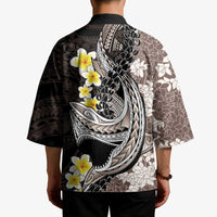 Brown and Black Hawaii Shark Tattoo Kimono Puakenikeni Lei Plumeria Polynesian Pattern - Polynesian Pride