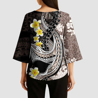 Brown and Black Hawaii Shark Tattoo Kimono Sleeve Blouse Puakenikeni Lei Plumeria Polynesian Pattern - Polynesian Pride