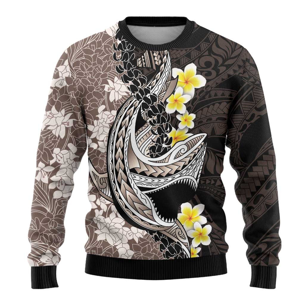 Brown and Black Hawaii Shark Tattoo Ugly Christmas Sweater Puakenikeni Lei Plumeria Polynesian Pattern - Polynesian Pride