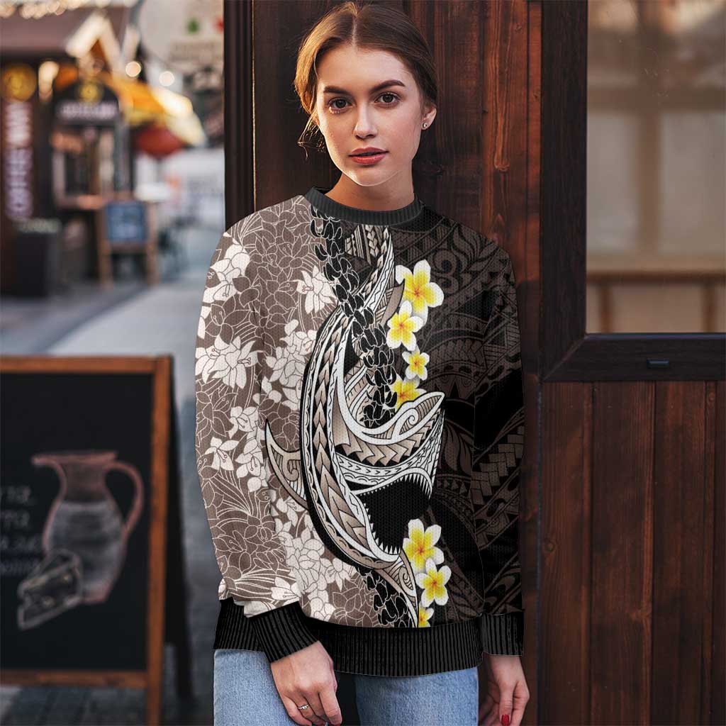 Brown and Black Hawaii Shark Tattoo Ugly Christmas Sweater Puakenikeni Lei Plumeria Polynesian Pattern - Polynesian Pride