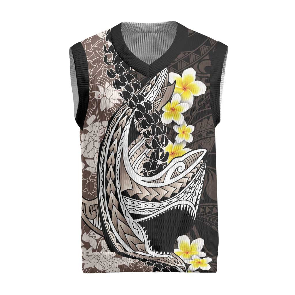 Brown and Black Hawaii Shark Tattoo Christmas Knitted V-Neck Vest Puakenikeni Lei Plumeria Polynesian Pattern - Polynesian Pride