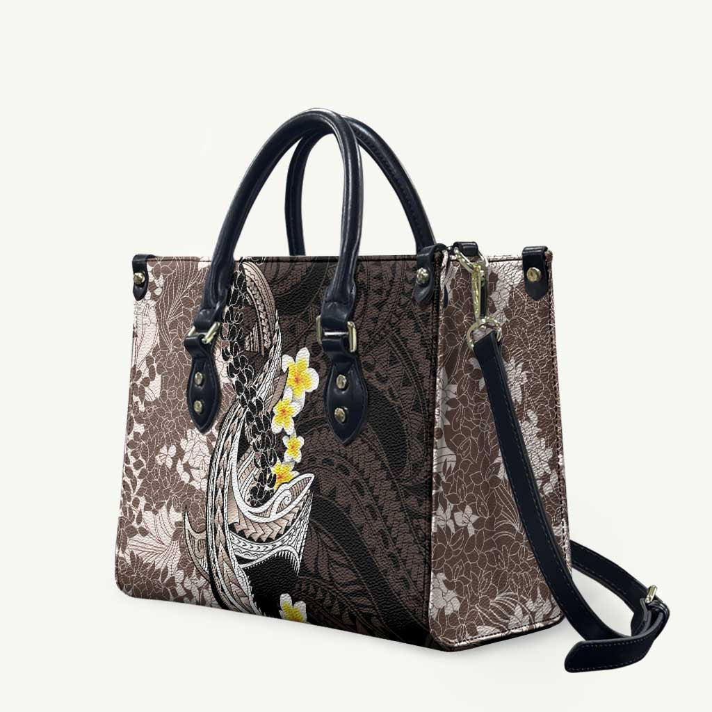 Brown and Black Hawaii Shark Tattoo Leather Bag Puakenikeni Lei Plumeria Polynesian Pattern - Polynesian Pride