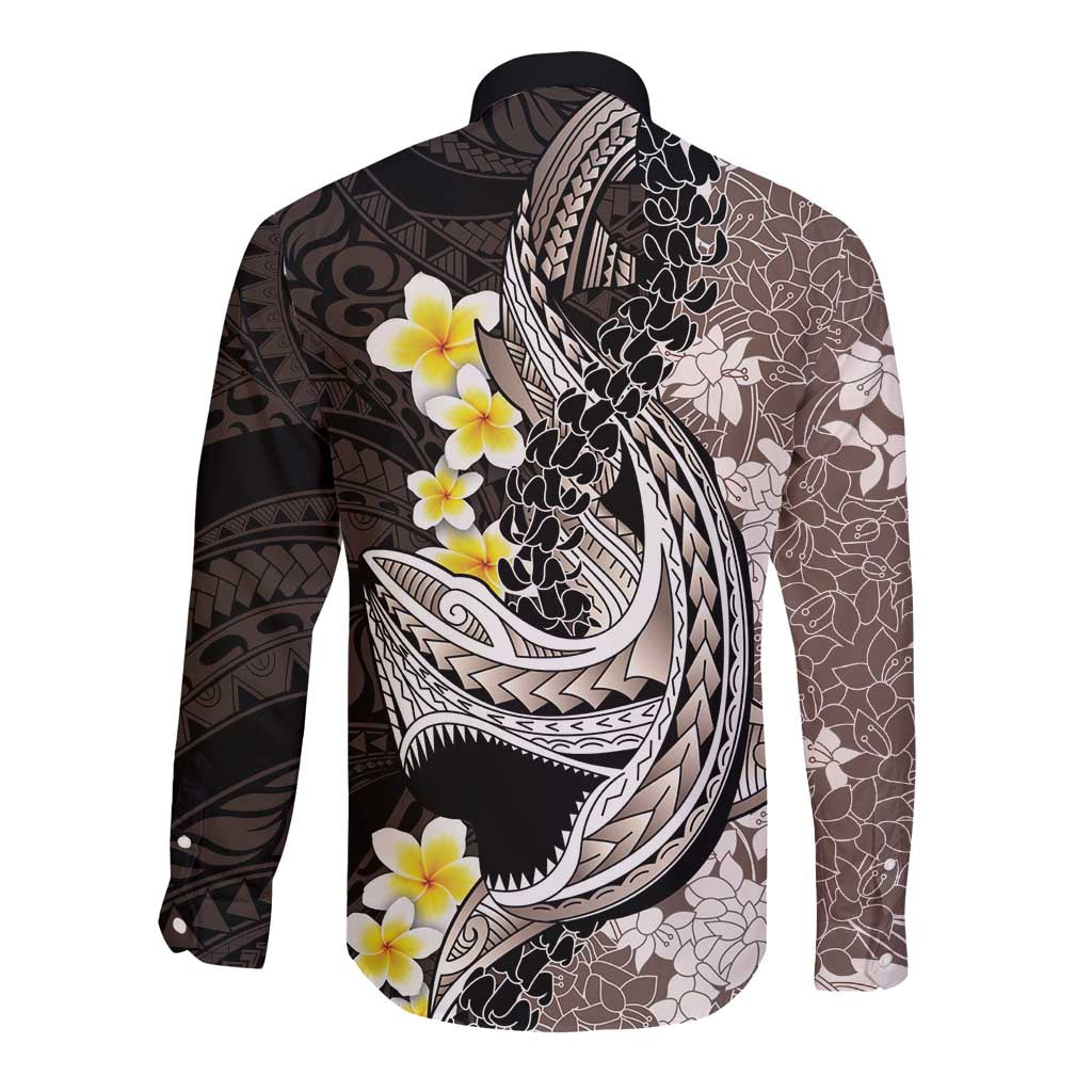 Brown and Black Hawaii Shark Tattoo Long Sleeve Button Shirt Puakenikeni Lei Plumeria Polynesian Pattern - Polynesian Pride