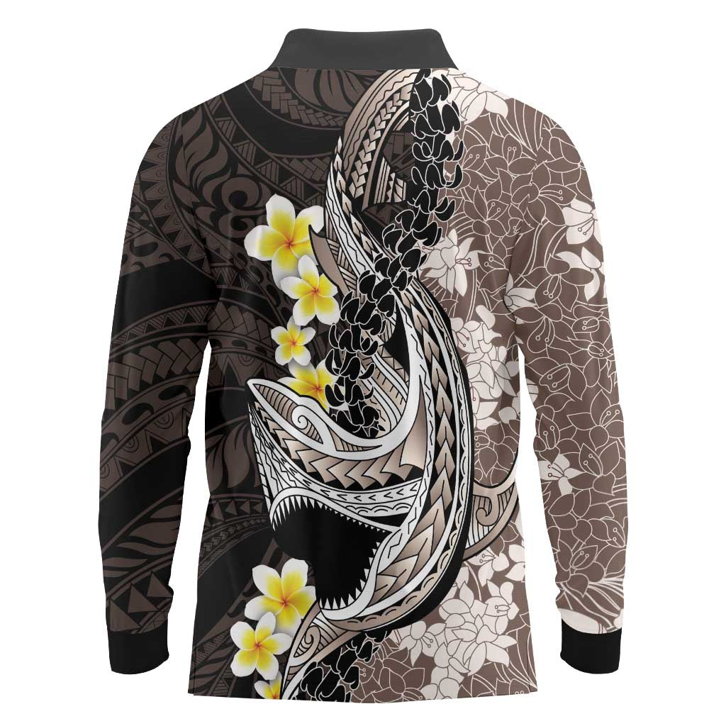 Brown and Black Hawaii Shark Tattoo Long Sleeve Polo Shirt Puakenikeni Lei Plumeria Polynesian Pattern - Polynesian Pride