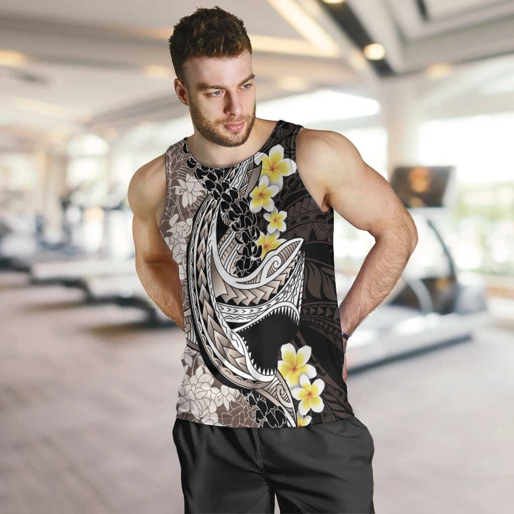 Brown and Black Hawaii Shark Tattoo Men Tank Top Puakenikeni Lei Plumeria Polynesian Pattern - Polynesian Pride
