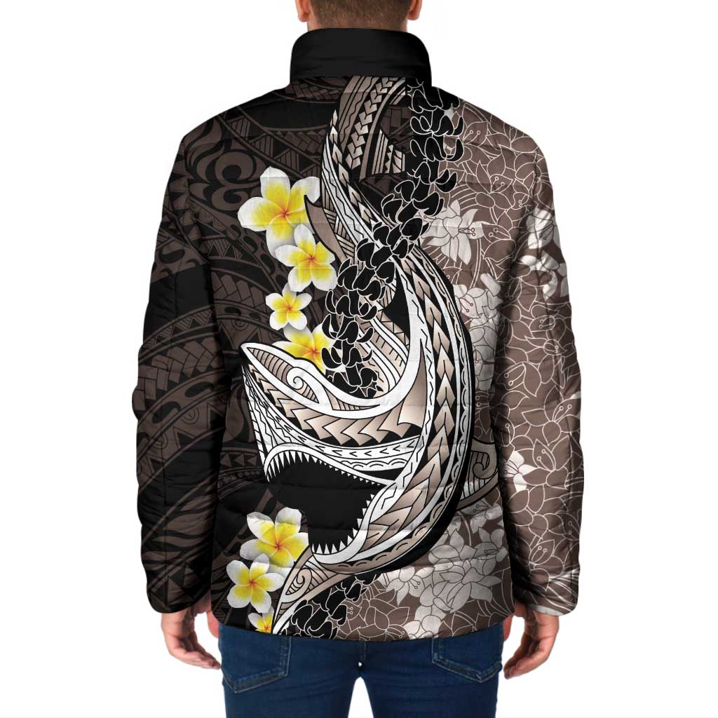 Brown and Black Hawaii Shark Tattoo Padded Jacket Puakenikeni Lei Plumeria Polynesian Pattern - Polynesian Pride