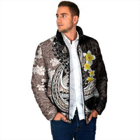 Brown and Black Hawaii Shark Tattoo Padded Jacket Puakenikeni Lei Plumeria Polynesian Pattern - Polynesian Pride