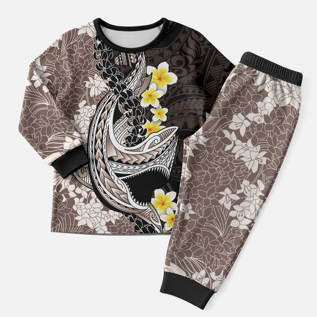 Brown and Black Hawaii Shark Tattoo Christmas Pajama Set Puakenikeni Lei Plumeria Polynesian Pattern - Polynesian Pride