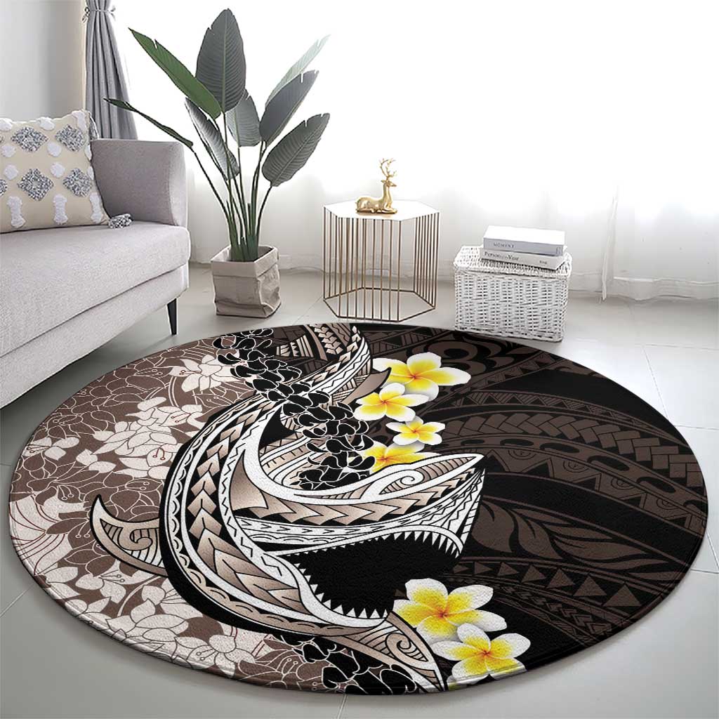 Brown and Black Hawaii Shark Tattoo Round Carpet Puakenikeni Lei Plumeria Polynesian Pattern - Polynesian Pride