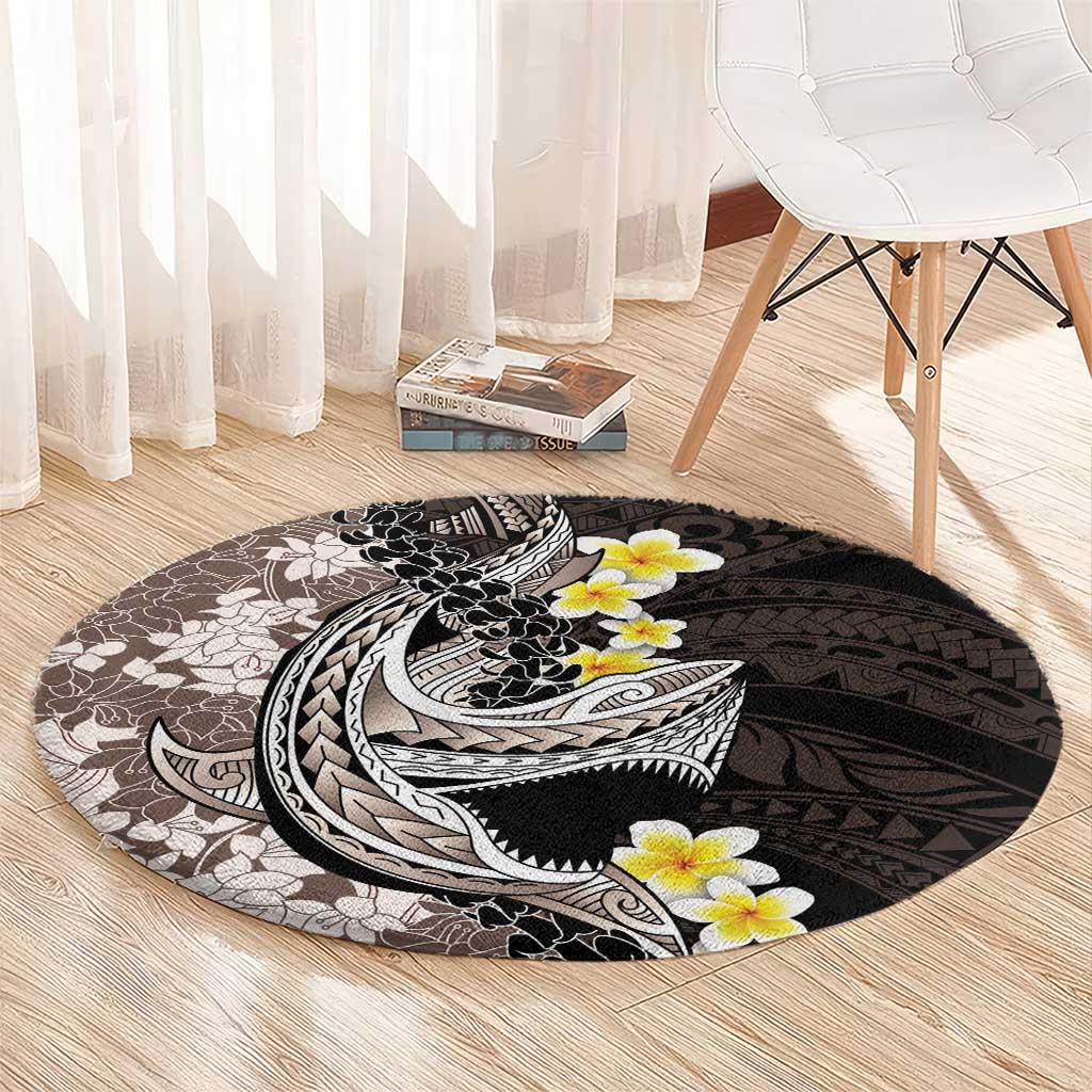 Brown and Black Hawaii Shark Tattoo Round Carpet Puakenikeni Lei Plumeria Polynesian Pattern - Polynesian Pride
