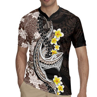 Brown and Black Hawaii Shark Tattoo Rugby Jersey Puakenikeni Lei Plumeria Polynesian Pattern - Polynesian Pride