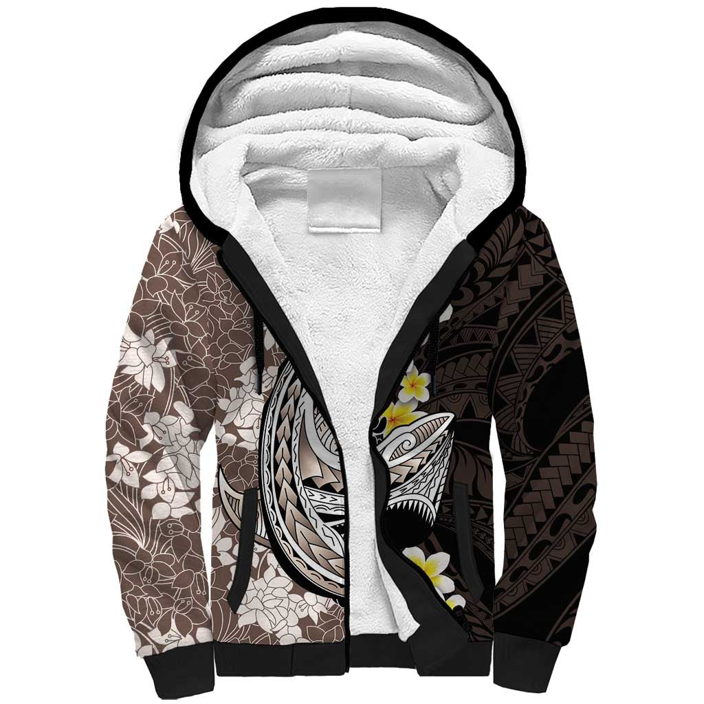 Brown and Black Hawaii Shark Tattoo Sherpa Hoodie Puakenikeni Lei Plumeria Polynesian Pattern - Polynesian Pride