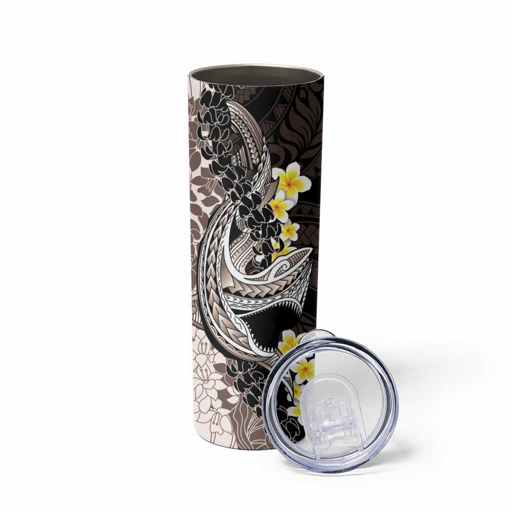 Brown and Black Hawaii Shark Tattoo Skinny Tumbler Puakenikeni Lei Plumeria Polynesian Pattern - Polynesian Pride