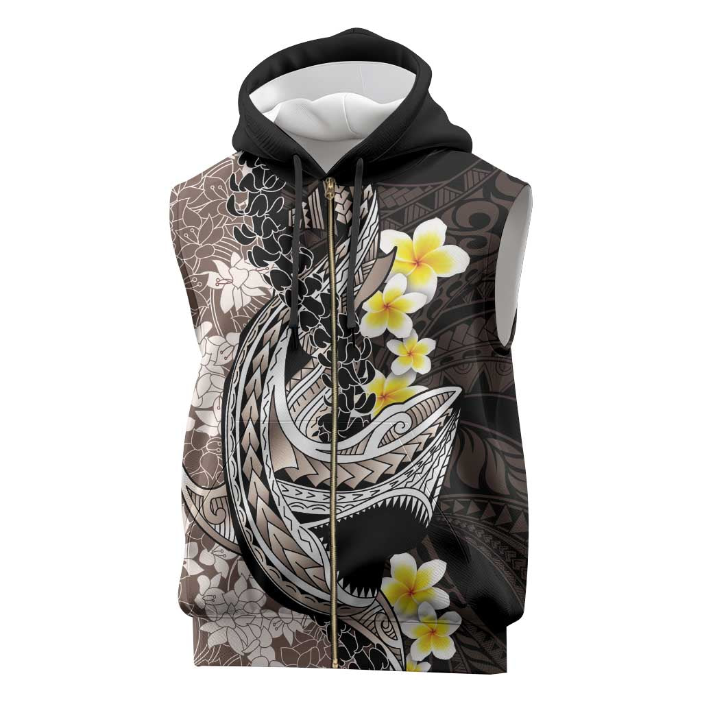 Brown and Black Hawaii Shark Tattoo Sleeveless Zip Hoodie Puakenikeni Lei Plumeria Polynesian Pattern - Polynesian Pride