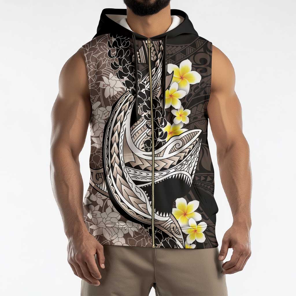 Brown and Black Hawaii Shark Tattoo Sleeveless Zip Hoodie Puakenikeni Lei Plumeria Polynesian Pattern - Polynesian Pride