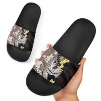 Brown and Black Hawaii Shark Tattoo Slide Sandals Puakenikeni Lei Plumeria Polynesian Pattern - Polynesian Pride