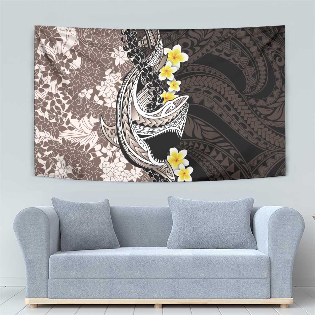 Brown and Black Hawaii Shark Tattoo Tapestry Puakenikeni Lei Plumeria Polynesian Pattern - Polynesian Pride