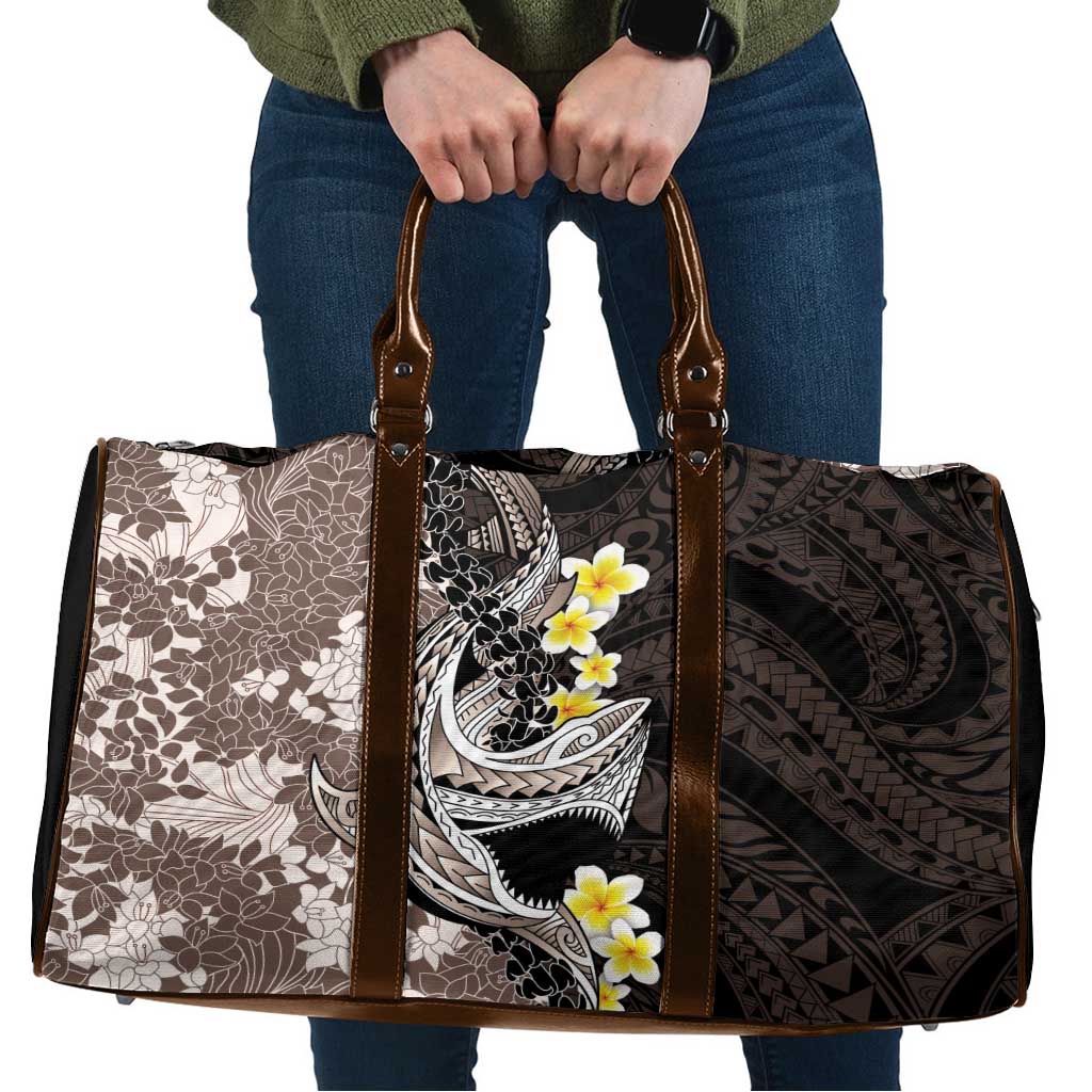 Brown and Black Hawaii Shark Tattoo Travel Bag Puakenikeni Lei Plumeria Polynesian Pattern - Polynesian Pride